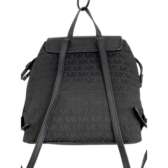 Michael Kors Bedford Black Signature Backpack Canvas Leather Tassel & Gold Hardw